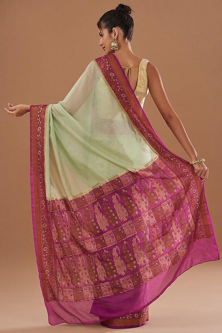 Sea Green & Magenta Chiffon Banarasi Handloom Zari Embroidered Striped Festive Saree Set by Zal From Benaras at Pernia's Pop Up Shop