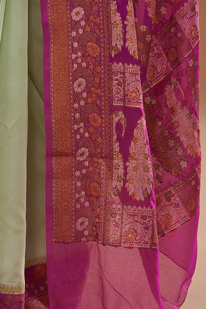 Sea Green & Magenta Chiffon Banarasi Handloom Zari Embroidered Striped Festive Saree Set by Zal From Benaras at Pernia's Pop Up Shop