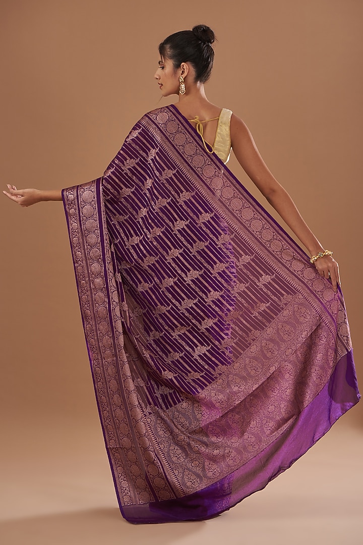 Purple Pure Silk Handloom Zari Embroidered Banarasi Festive Saree Set by Zal From Benaras at Pernia's Pop Up Shop