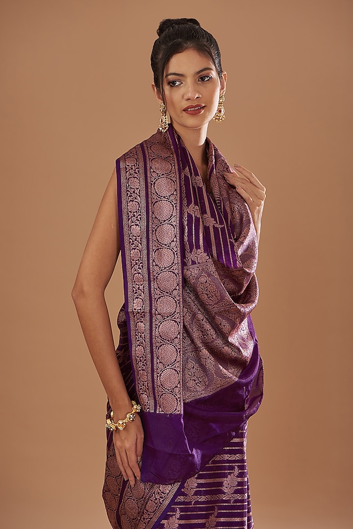 Purple Pure Silk Handloom Zari Embroidered Banarasi Festive Saree Set by Zal From Benaras at Pernia's Pop Up Shop