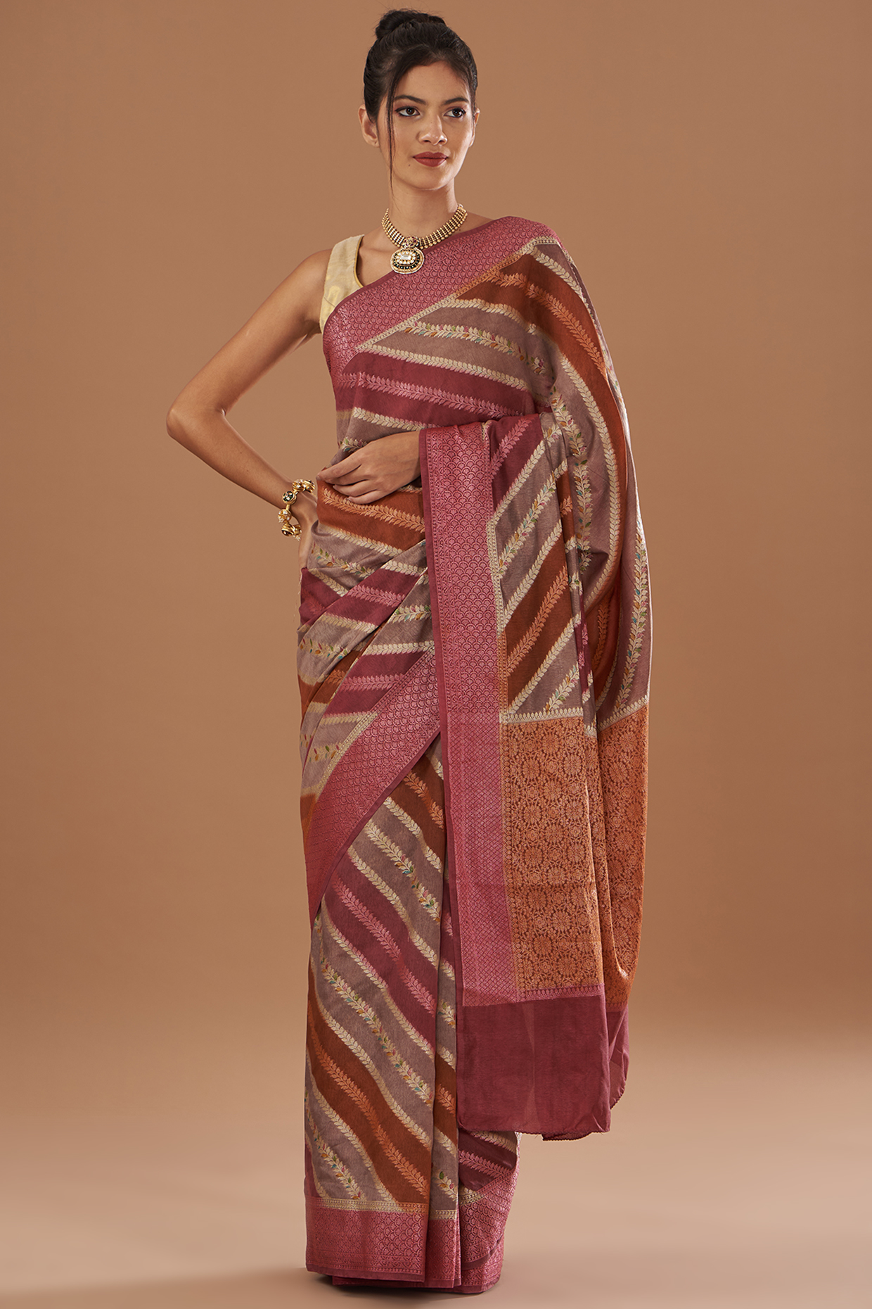 Multi-Colored Pure Silk Handloom Zari Embroidered Banarasi Festive Saree Set by Zal From Benaras at Pernia's Pop Up Shop