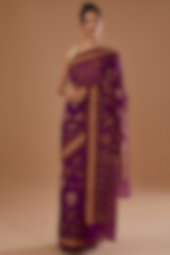 Magenta Chiffon Banarasi Handloom Zari Embroidered Striped Festive Saree Set by Zal From Benaras at Pernia's Pop Up Shop