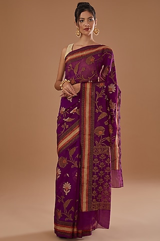 Magenta Chiffon Banarasi Handloom Zari Embroidered Striped Saree Set by Zal From Benaras