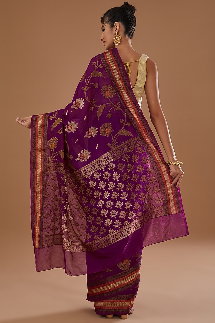 Magenta Chiffon Banarasi Handloom Zari Embroidered Striped Festive Saree Set by Zal From Benaras at Pernia's Pop Up Shop