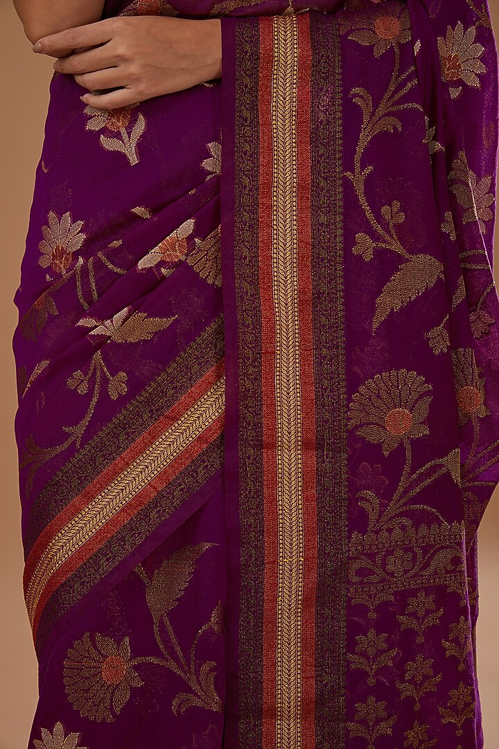 Magenta Chiffon Banarasi Handloom Zari Embroidered Striped Festive Saree Set by Zal From Benaras at Pernia's Pop Up Shop
