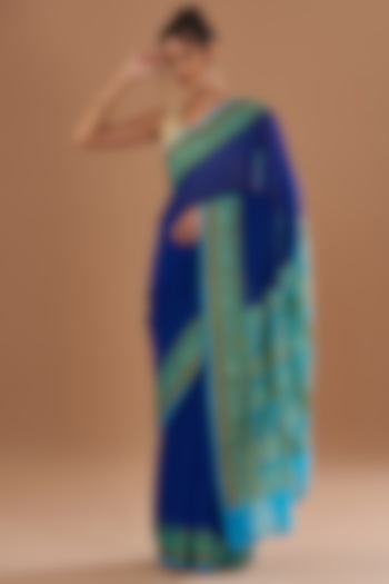 Blue Chiffon Banarasi Handloom Zari Embroidered Striped Festive Saree Set by Zal From Benaras at Pernia's Pop Up Shop