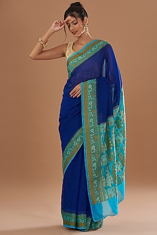 Blue Chiffon Banarasi Handloom Zari Embroidered Striped Saree Set by Zal From Benaras