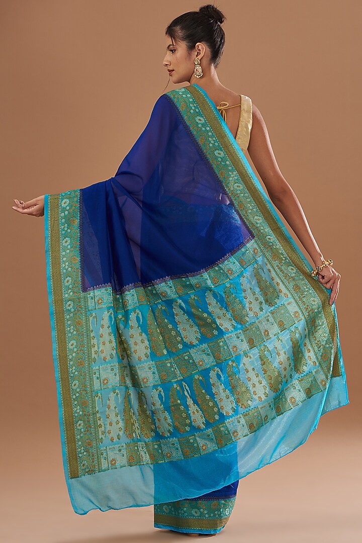 Blue Chiffon Banarasi Handloom Zari Embroidered Striped Festive Saree Set by Zal From Benaras at Pernia's Pop Up Shop