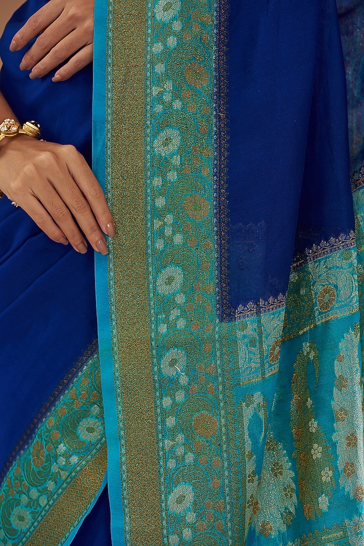 Blue Chiffon Banarasi Handloom Zari Embroidered Striped Festive Saree Set by Zal From Benaras at Pernia's Pop Up Shop