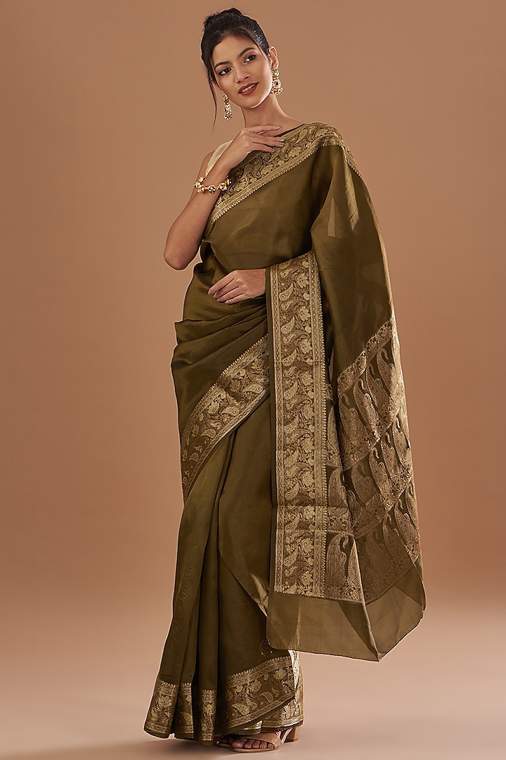 Brownish Yellow Pure Katan Silk Handloom Zari Embroidered & Bandhej Printed Banarasi Saree Set by Zal From Benaras