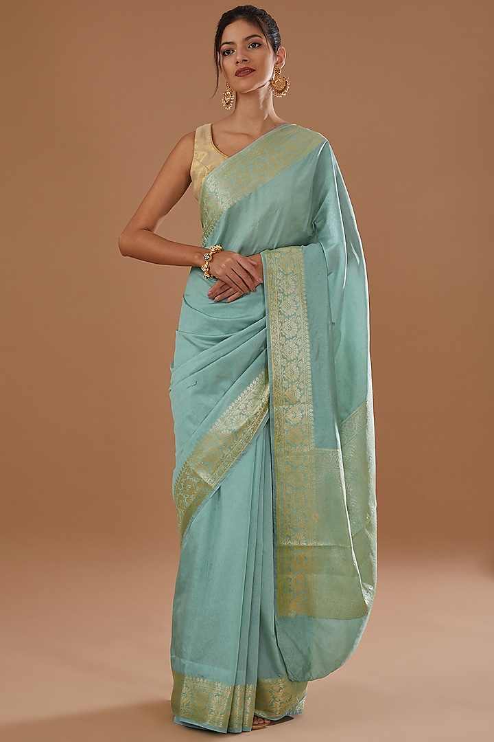 Sea Green Pure Silk Handloom Zari Embroidered Banarasi Saree Set by Zal From Benaras at Pernia's Pop Up Shop