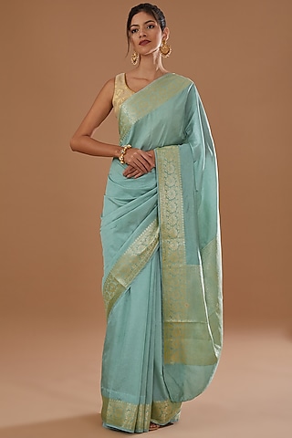 Sea Green Pure Silk Handloom Zari Embroidered Banarasi Saree Set by Zal From Benaras