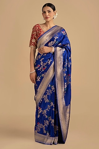 Royal Blue Pure Silk Banarasi Zari Embroidered Handloom Saree Set by Zal From Benaras