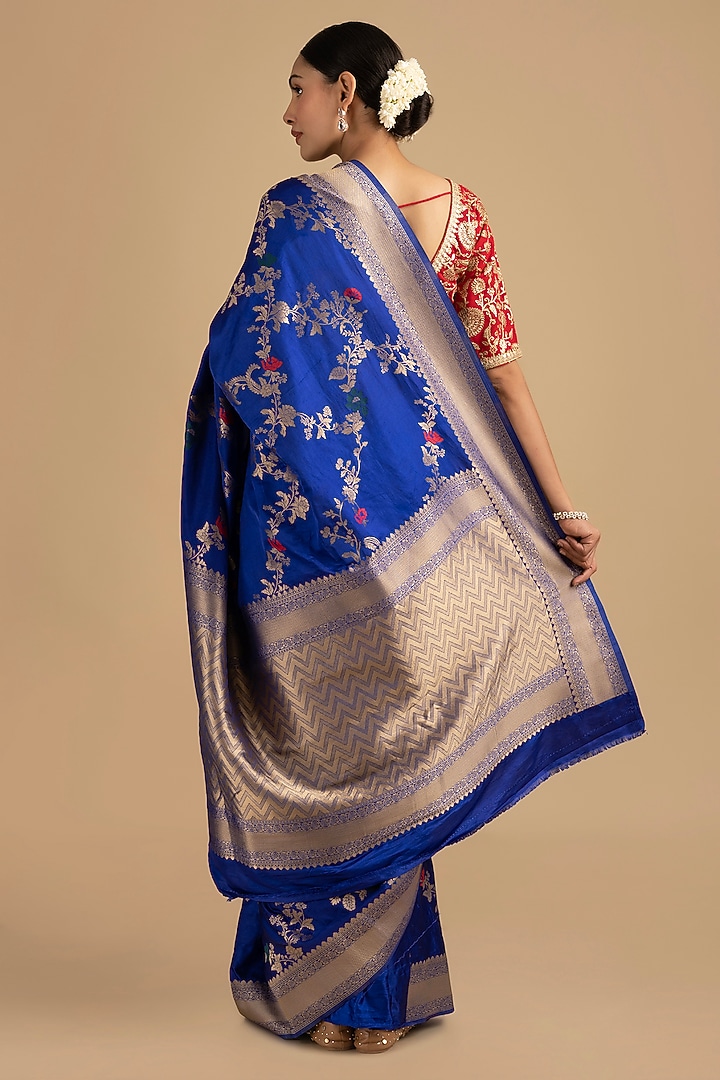Royal Blue Pure Silk Banarasi Zari Embroidered Handloom Party Wear Saree Set by Zal From Benaras at Pernia's Pop Up Shop