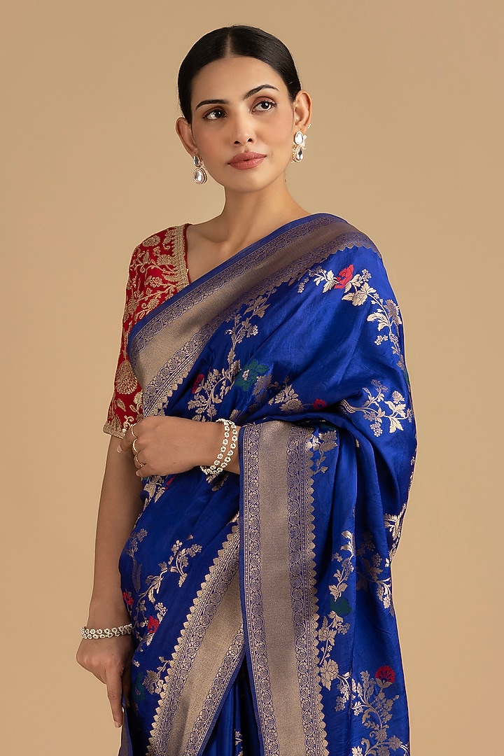 Royal Blue Pure Silk Banarasi Zari Embroidered Handloom Party Wear Saree Set by Zal From Benaras at Pernia's Pop Up Shop