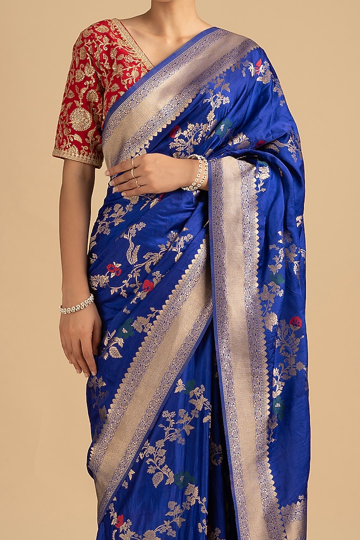 Royal Blue Pure Silk Banarasi Zari Embroidered Handloom Party Wear Saree Set by Zal From Benaras at Pernia's Pop Up Shop