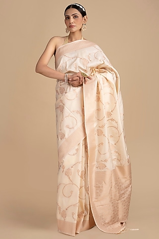 Cream Pure Silk Banarasi Zari Embroidered Handloom Saree Set by Zal From Benaras