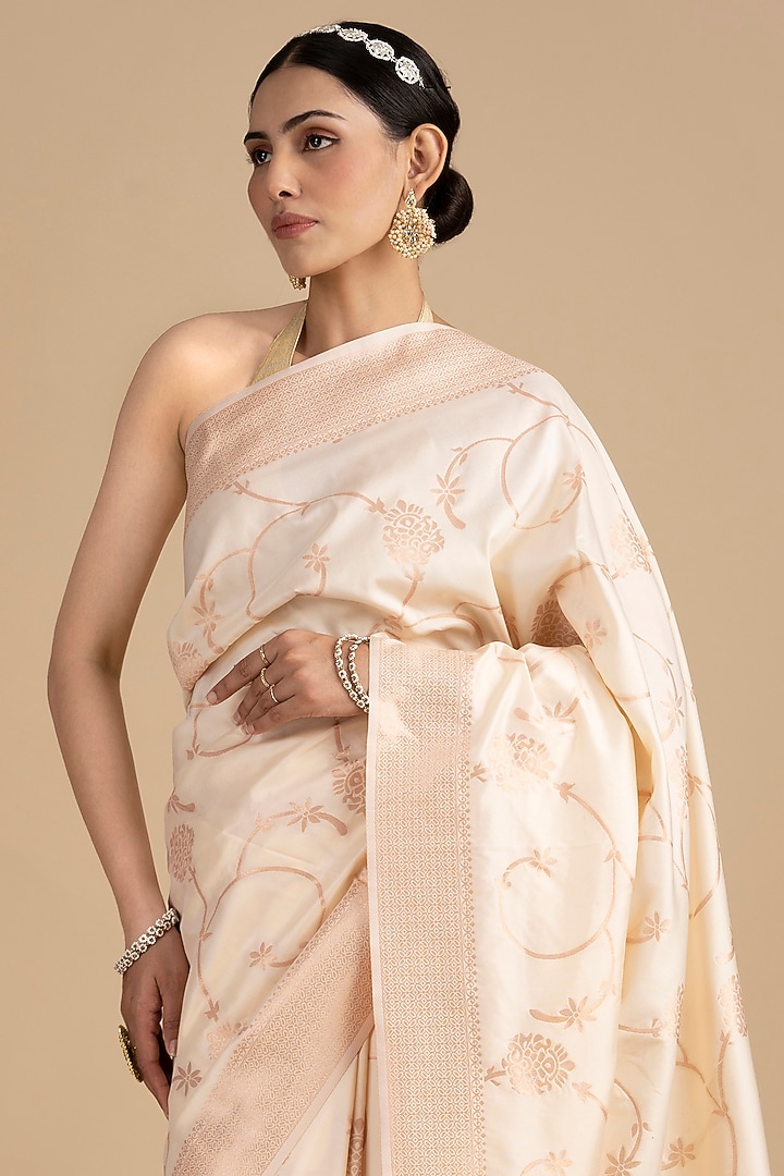Cream Pure Silk Banarasi Zari Embroidered Handloom Party Wear Saree Set by Zal From Benaras at Pernia's Pop Up Shop