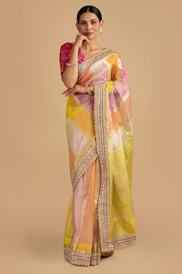 Multi-Colored Pure Tissue Silk Zari Embroidered Handloom Saree Set by Zal From Benaras at Pernia's Pop Up Shop