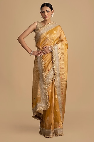 Mustard Yellow Pure Crushed Tissue Silk Banarasi Saree Set by Zal From Benaras