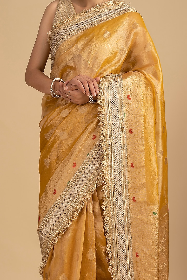 Mustard Yellow Pure Crushed Tissue Silk Banarasi Party Wear Saree Set by Zal From Benaras at Pernia's Pop Up Shop