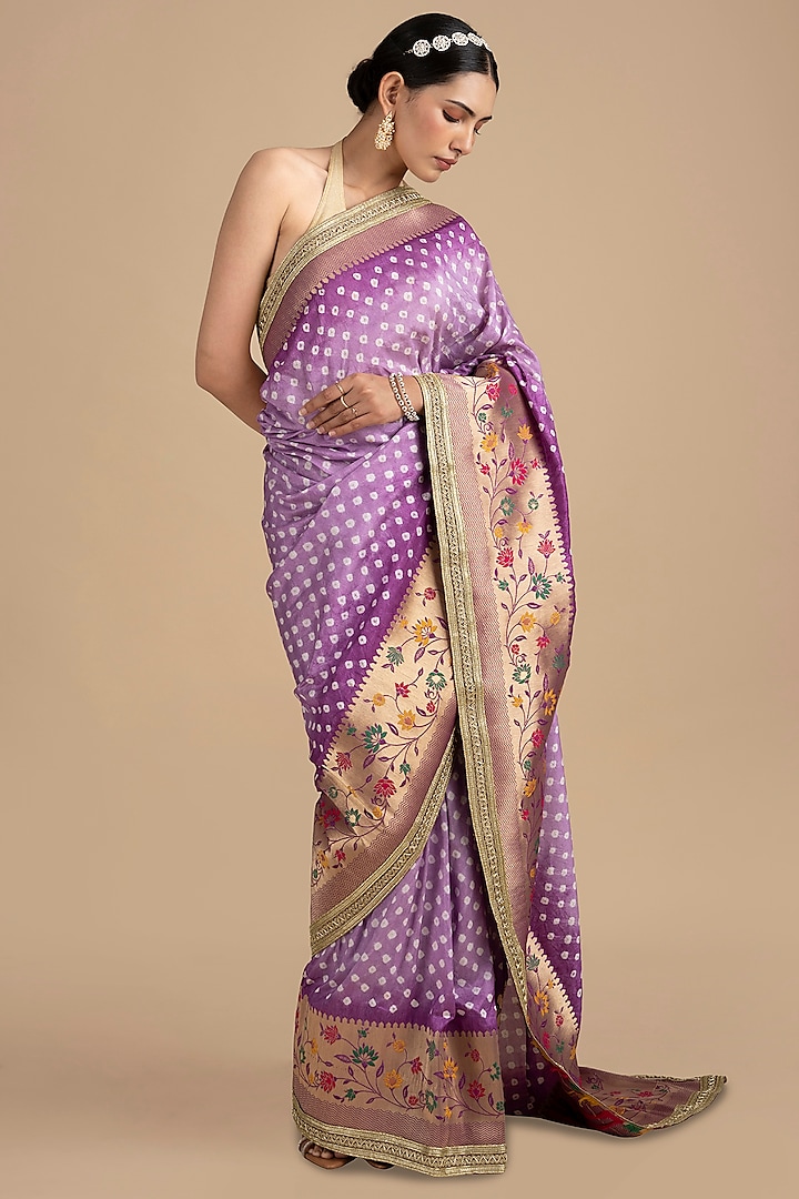 Mauve Pure Silk Bandhej Saree Set by Zal From Benaras at Pernia's Pop Up Shop