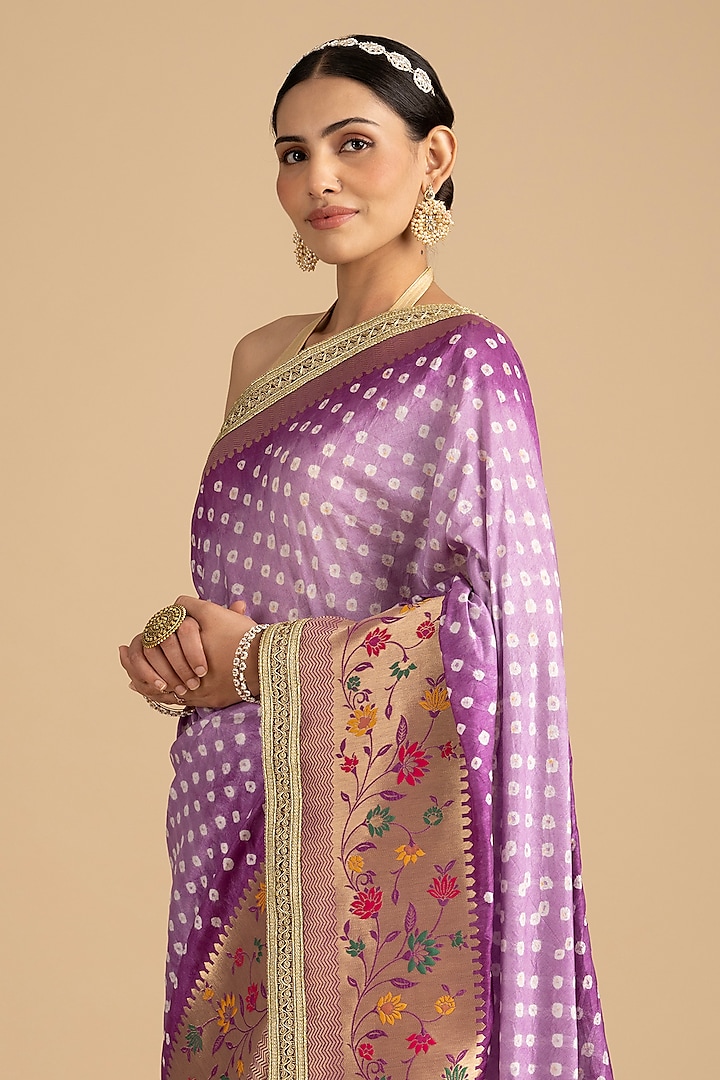 Mauve Pure Silk Bandhej Party Wear Saree Set by Zal From Benaras at Pernia's Pop Up Shop