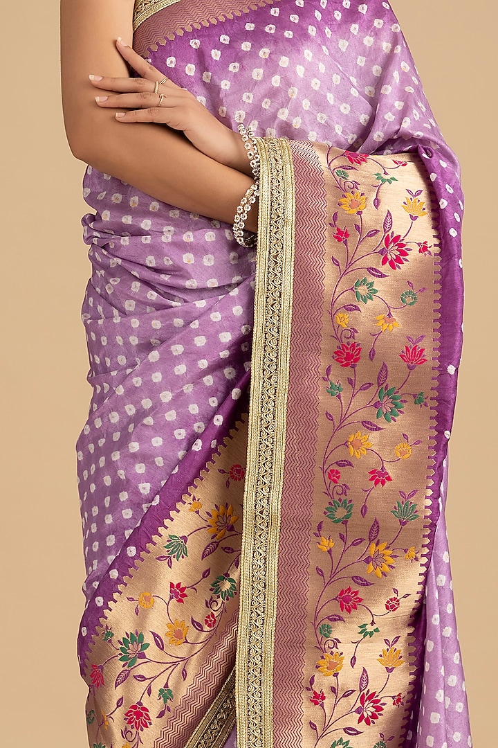 Mauve Pure Silk Bandhej Party Wear Saree Set by Zal From Benaras at Pernia's Pop Up Shop