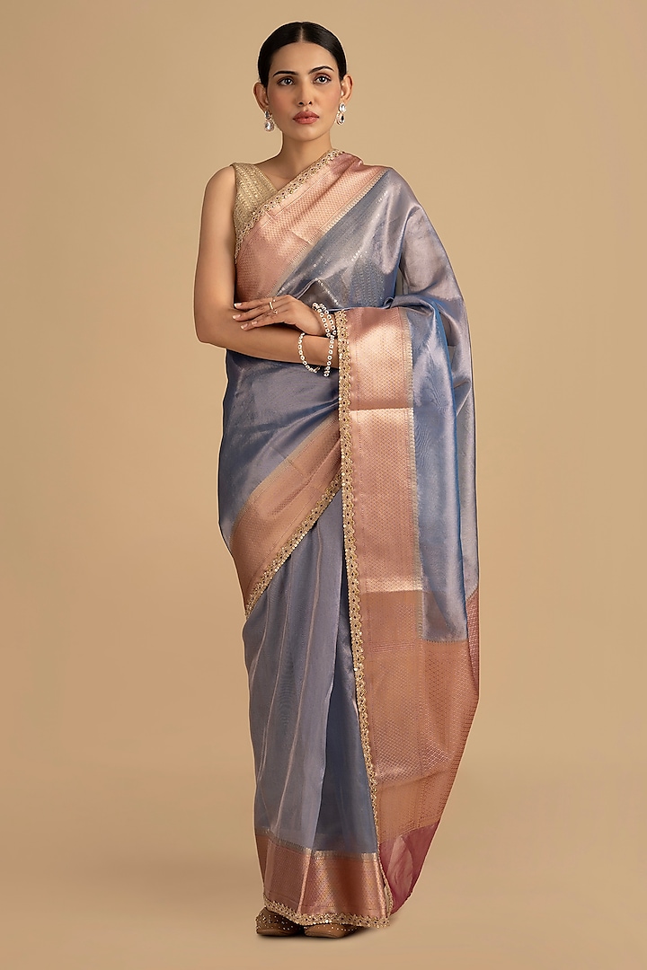 Sage Blue Pure Tissue Silk Banarasi Saree Set by Zal From Benaras at Pernia's Pop Up Shop