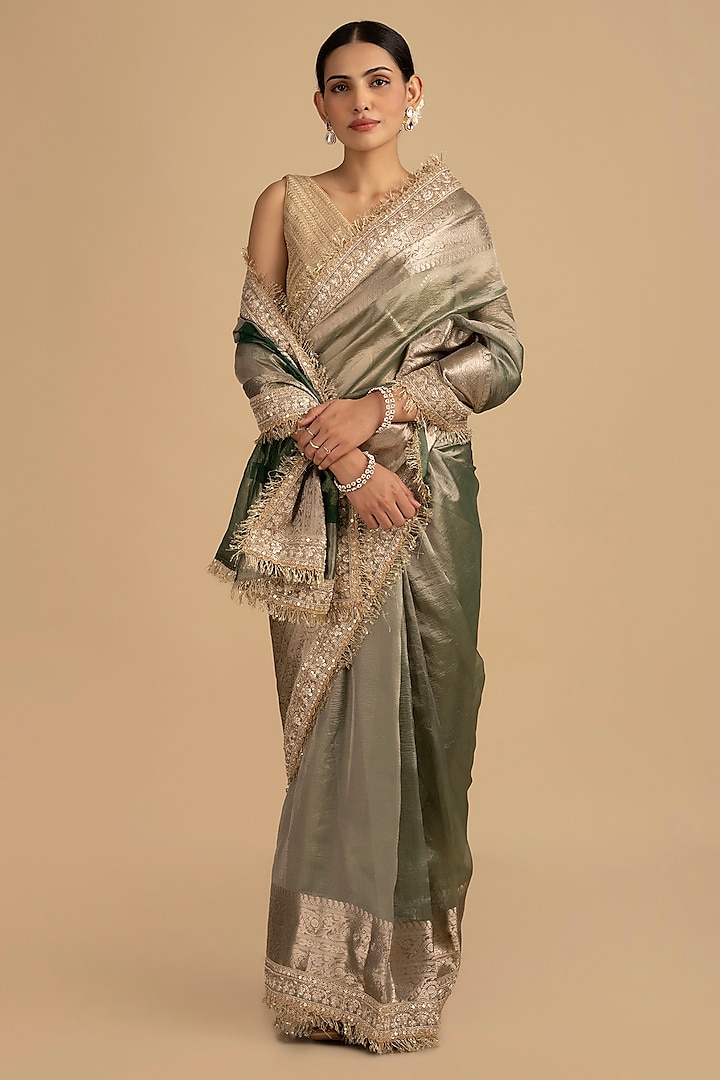 Green Crushed Tissue Silk Banarasi Handloom Saree Set by Zal From Benaras at Pernia's Pop Up Shop