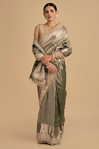 Green Crushed Tissue Silk Banarasi Handloom Saree Set by Zal From Benaras