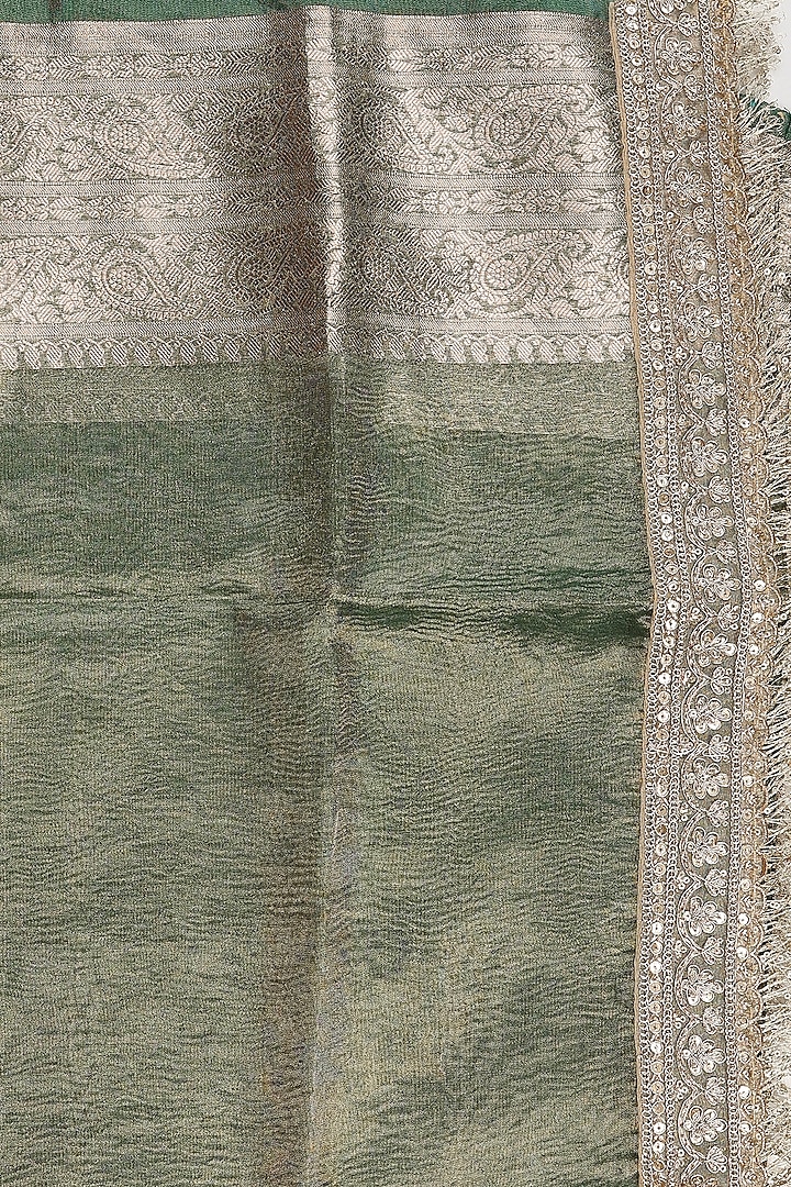 Green Crushed Tissue Silk Banarasi Handloom Party Wear Saree Set by Zal From Benaras at Pernia's Pop Up Shop