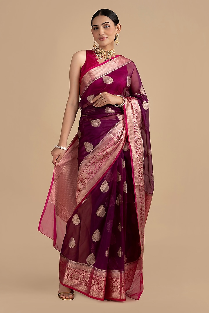 Purple-Pink Kora Organza Silk Banarasi Saree Set by Zal From Benaras at Pernia's Pop Up Shop