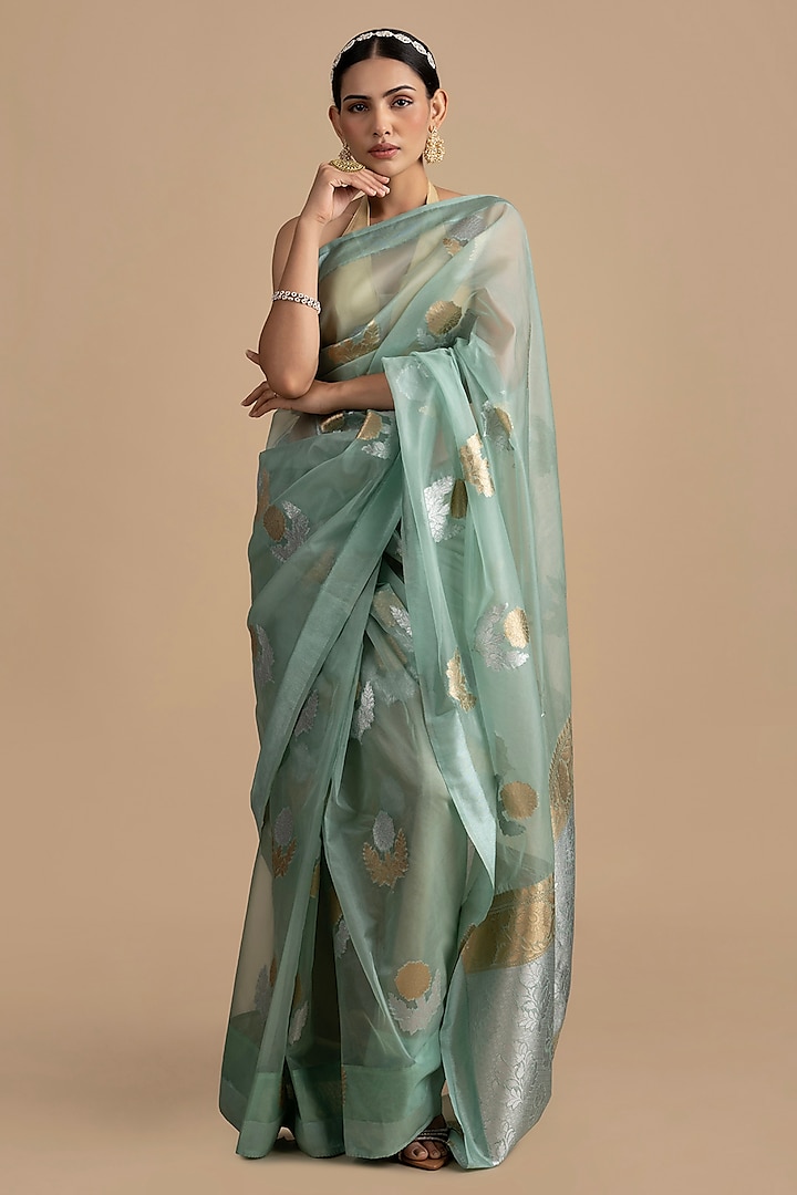 Sky Blue Organza Silk Banarasi Handloom Saree Set by Zal From Benaras at Pernia's Pop Up Shop