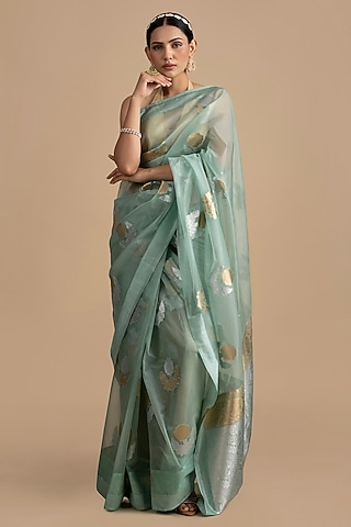 Sky Blue Organza Silk Banarasi Handloom Saree Set by Zal From Benaras