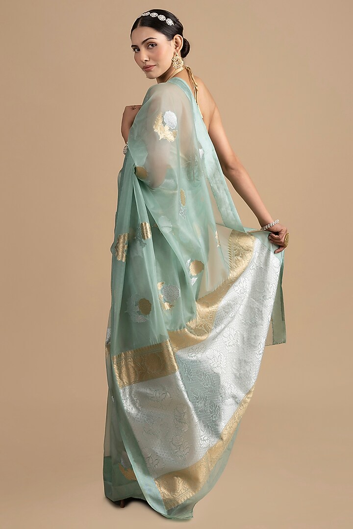 Sky Blue Organza Silk Banarasi Handloom Festive Saree Set by Zal From Benaras at Pernia's Pop Up Shop