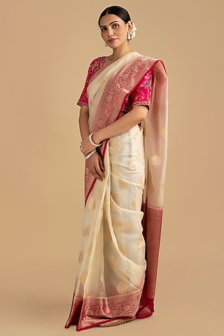 White-Pink Kora Organza Silk Banarasi Handloom Saree Set by Zal From Benaras