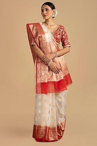 White-Red Kora Organza Silk Banarasi Handloom Saree Set by Zal From Benaras