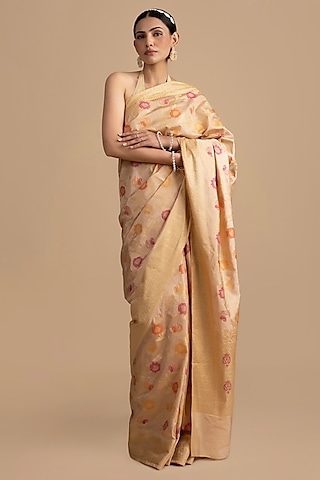 Beige Pure Silk Banarasi Floral Meenakari Handloom Saree Set by Zal From Benaras