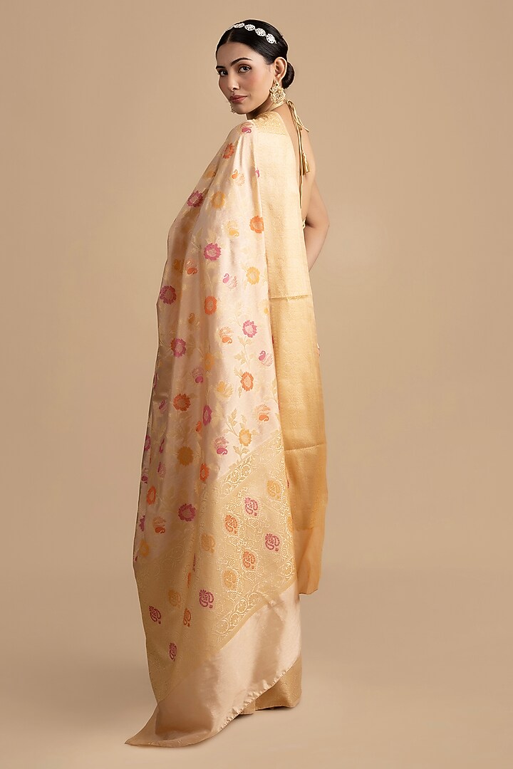 Beige Pure Silk Banarasi Floral Meenakari Handloom Festive Saree Set by Zal From Benaras at Pernia's Pop Up Shop