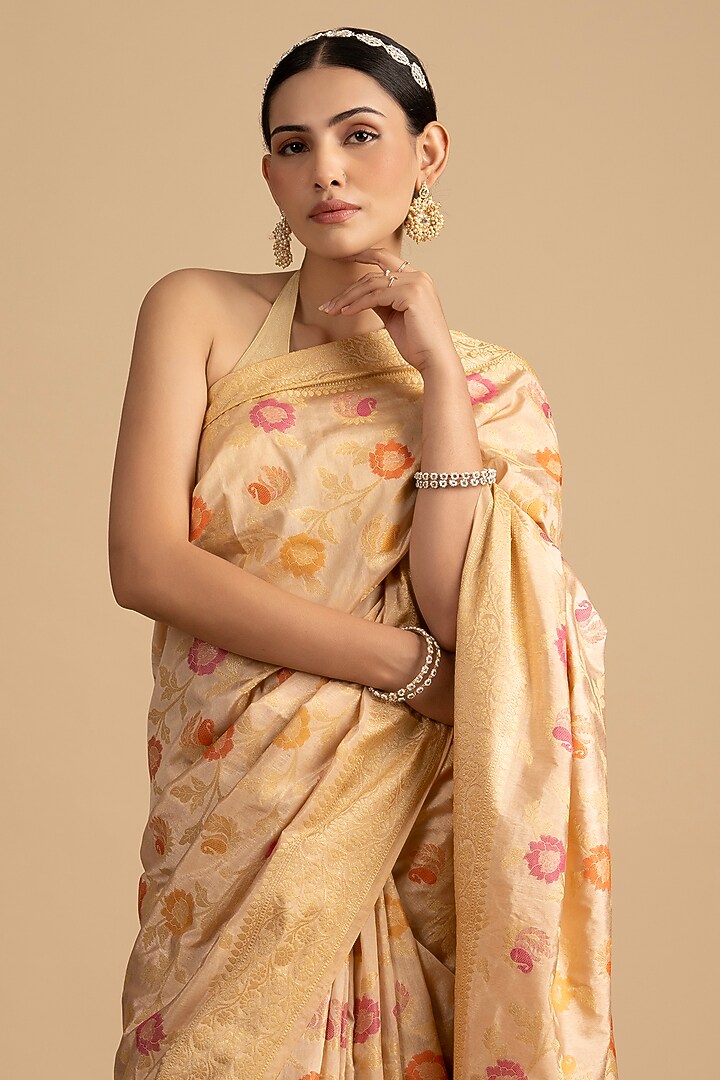 Beige Pure Silk Banarasi Floral Meenakari Handloom Festive Saree Set by Zal From Benaras at Pernia's Pop Up Shop