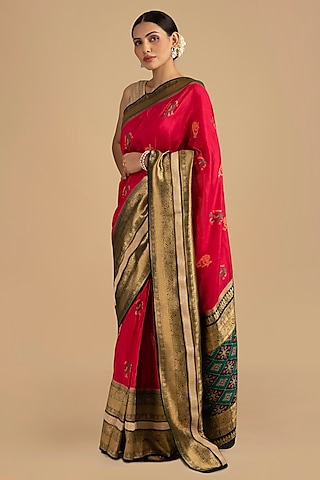 Magenta-Green Pure Katan Silk Banarasi Saree Set by Zal From Benaras