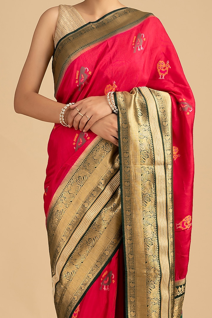 Magenta-Green Pure Katan Silk Banarasi Party Wear Saree Set by Zal From Benaras at Pernia's Pop Up Shop