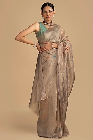 Beige Crushed Tissue Silk Banarasi Handloom Saree Set by Zal From Benaras