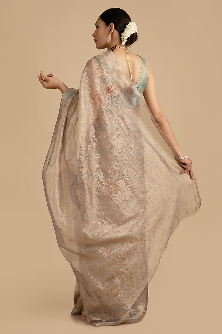Beige Crushed Tissue Silk Banarasi Handloom Festive Saree Set by Zal From Benaras at Pernia's Pop Up Shop