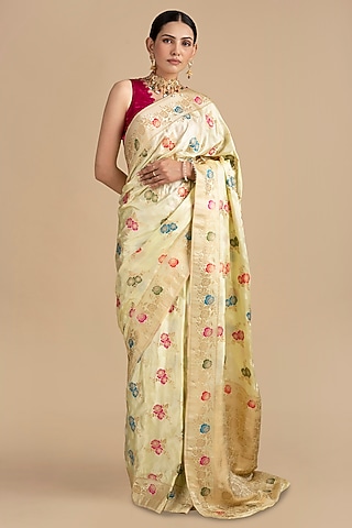 Cream Pure Katan Silk Banarasi Saree Set by Zal From Benaras