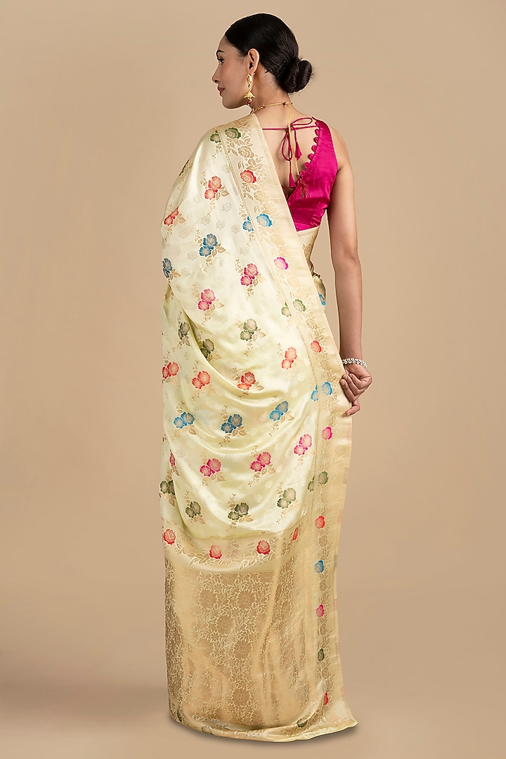Cream Pure Katan Silk Banarasi Party Wear Saree Set by Zal From Benaras at Pernia's Pop Up Shop