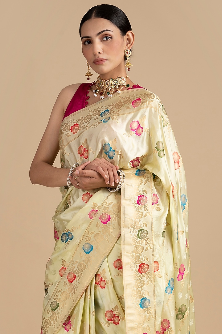 Cream Pure Katan Silk Banarasi Party Wear Saree Set by Zal From Benaras at Pernia's Pop Up Shop