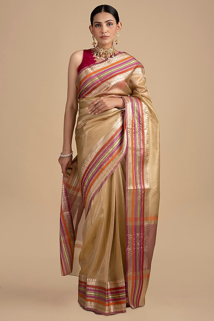 Beige-Pink Pure Tissue Silk Banarasi Saree Set by Zal From Benaras at Pernia's Pop Up Shop