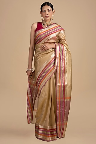 Beige-Pink Pure Tissue Silk Banarasi Saree Set by Zal From Benaras